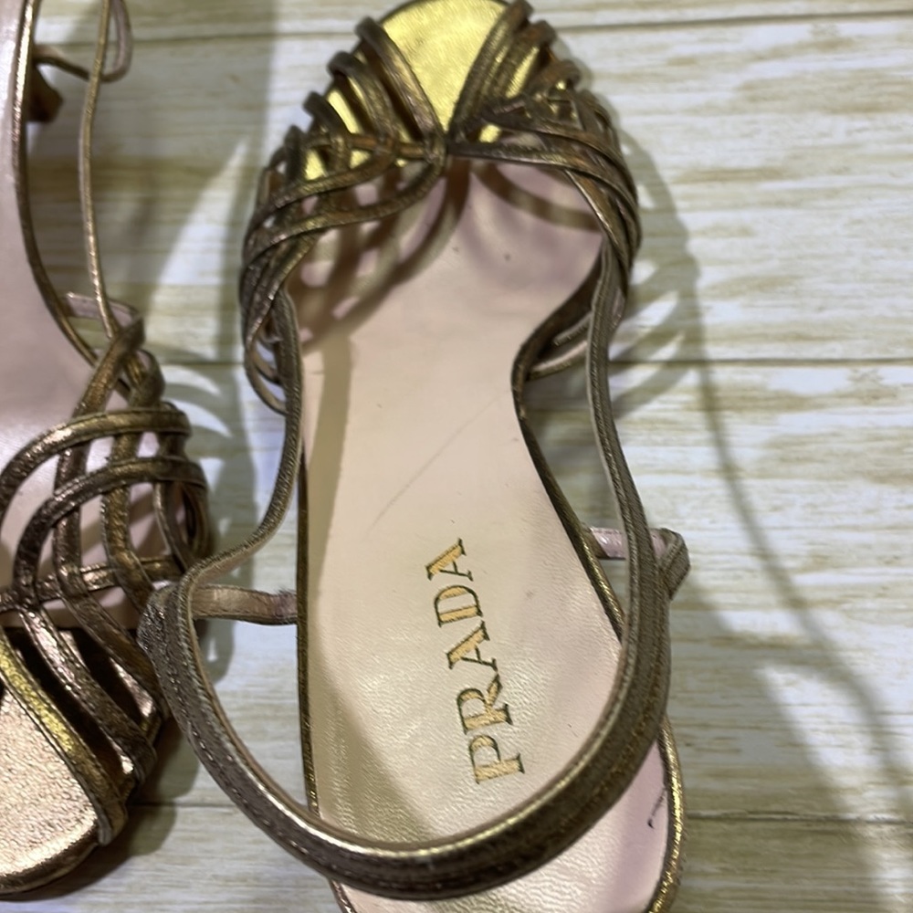 Prada womens 39 US 8 gold shine leather strap heel shoes EUC made in Italy EUC - Picture 6 of 8